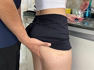 cumshot blasts stepsis ass in shorts while dishwashing!