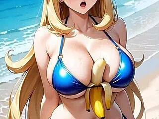 Pokemon teacher Cynthia flaunts her pregnant curves kissing and licking on the beach.
