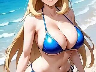 Pokemon teacher Cynthia flaunts her pregnant curves kissing and licking on the beach.