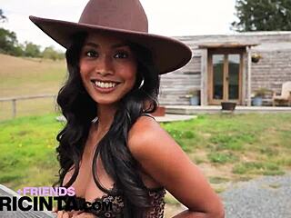 cowgirl putri cinta rides hard showing off her tiny tight pussy with big tits bouncing outside the cabin