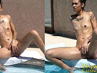 chanel west oiled naked poolside sucks cock rides to creampie orgasm