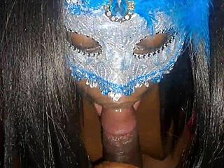 Masked Ebony Slut Sucks Big Black Cock and Swallows Cum Load!