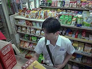 at the mart the promiscuous asian clerk bends over for coworker doggystyle riding and missionary pounding outdoors