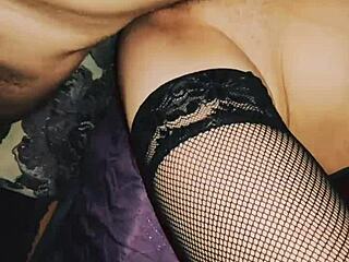 mature homemade couple close-up anal sex in lingerie stockings