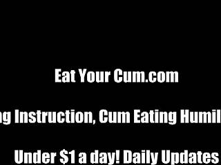 Open wide slave eat every drop of your own cum for mistress now