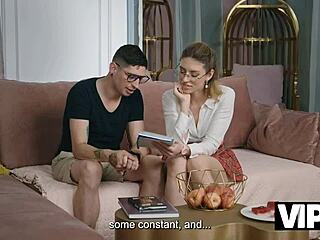european nerd couple rims blonde ass on sofa passionately