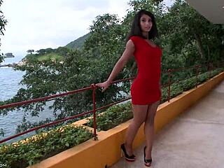 ria rodriguez teases in tight red dress and matching red panties up close
