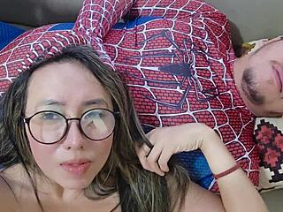 Curvy Stepmom's Threesome Delight: Stepson in Spiderman Costume Joins Busty Stepdaughter