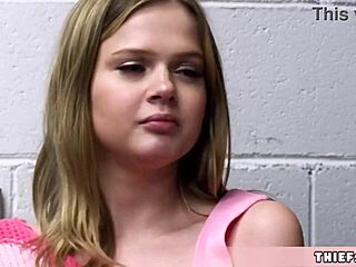 Coco got caught shoplifting now spreads her tiny teen pussy wide