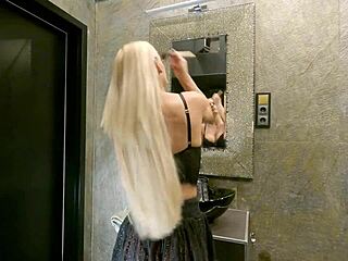 ever wonder what big tits blonde does prepping in see-through miniskirt sans panties?
