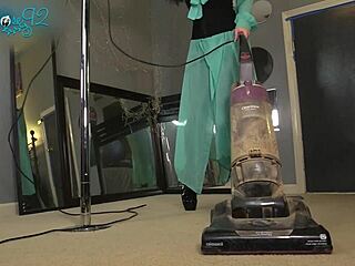 Brunette housewife vacuums in sexy hobble boots and heels