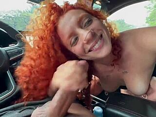 Latina redhead fucks trainer outdoors parking after gym session