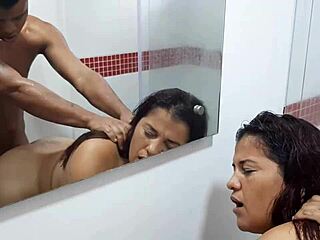 the curvy colombian with big natural tits rides cock hard in steamy shower