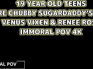 19-year-old venus vixen and renee rose slurp chubby sugardaddy's thick creampie load in immoral pov 4k closeup