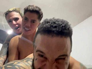 Deep thrusts fill ass and pussy until they cum together