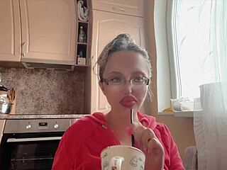 Kinky Woman in Glasses Flaunts Huge Assets and Long Nails Fetish