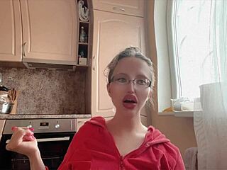 Kinky Woman in Glasses Flaunts Huge Assets and Long Nails Fetish