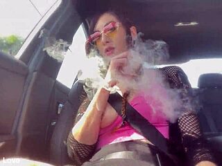 italian milf flashes huge tits big hard nipples smoking horny in car fetish tease