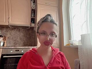 Kinky Woman in Glasses Flaunts Huge Assets and Long Nails Fetish