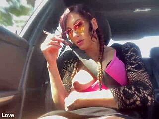 italian milf flashes huge tits big hard nipples smoking horny in car fetish tease