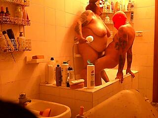 chubby girlfriend's huge tits bounce in shower fuck with friend