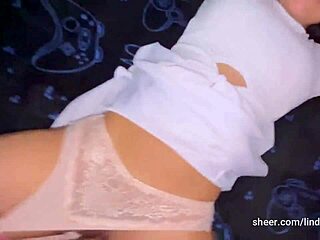 cutie pulls panties aside opens tight pussy before tennis fuck