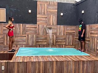 Brazilian Wife Fucks Muscular Stud Poolside Cuckold Husband Watches