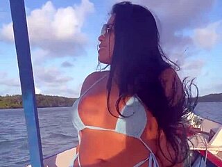 Brazilian latina wife slips bikini aside on boat for slutty pov riding tease
