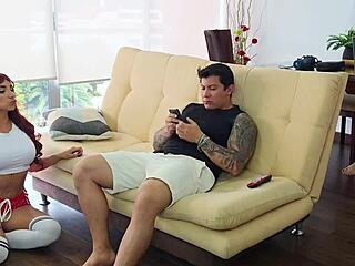 Busty Juicy Latina MILF Masturbates Watching Son-in-Law Fuck Then Joins for Cum Covered Big Tits Pussy Action