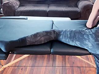 Skinny Bodybuilder Stretches In Tight Leggings On Massage Desk Hd