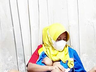 Arab hijab babe with hairy beaver and big tits masturbates intensely with dildo before work cosplay