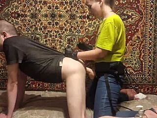 Anastasia dominates Sasha Earth's ass with strapon as crossdressing slut submits fully