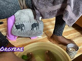 ebony wife teases cuckold husband with feet and shaved pussy in lingerie series