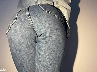 girl next door soaks jeans in desperate pee closeup