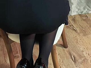 she struts in black pantyhose and unloads right in his mouth