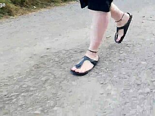 Chubby German hiker struts fat feet in Birkenstocks through wild outdoor trails barefoot style