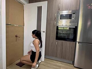 brunette bunny teen deepthroats gloryhole cock then rides to cum facial in kitchen