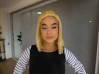 android 18 cosplay blonde colombian babe rides huge cock cowgirl pov swallows cum after dildo tease and spread