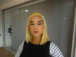 android 18 cosplay blonde colombian babe rides huge cock cowgirl pov swallows cum after dildo tease and spread