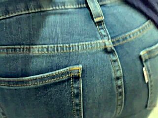 Girlfriend's tight young ass in jeans sparks huge cock erection half-pull down leads to ahegao bliss
