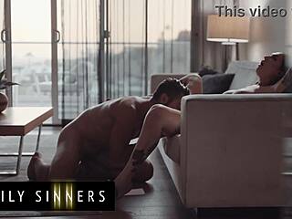 Stunning stepsister bends over sofa as stepbrother pounds her tight shaved pussy hard