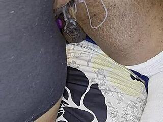 dominant ebony wife rips clothes and fucks husband's ass with huge dildo while he drips cum