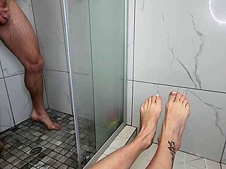 Sext young milf teases huge cock feet toes shower pov