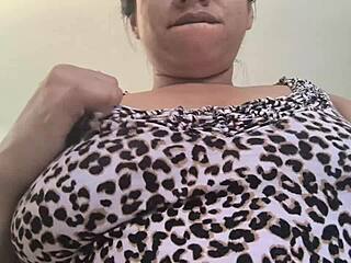 My sweaty brunette mommy flaunts big natural tits all night, fingering her juicy pussy till squirting orgasms