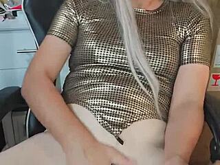 trans crossdresser tests tight vagina while stroking cock hard