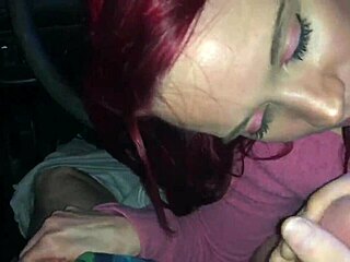 Sexy Redhead Slobbers on Monster Cock Before Car Cumshot