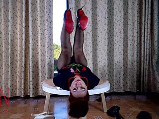 nice lady strips out of pantyhose and heels at round table