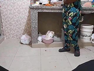 House maid shows off her big black ass in kitchen tease 