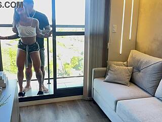 ebony latina bodybuilder milf rides cock cowgirl then doggystyle in lingerie to orgasm