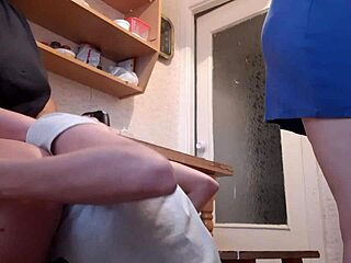 girlfriend sneaks under table licking my pussy while housekeeper washes dishes at kitchen desk